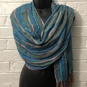 MULTI COLOR BLUE SCARF WITH FRINGE